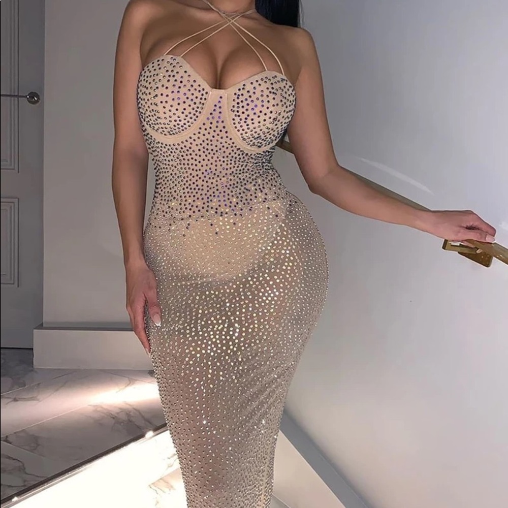 Nude Rhinestone Cupped Midi Dress